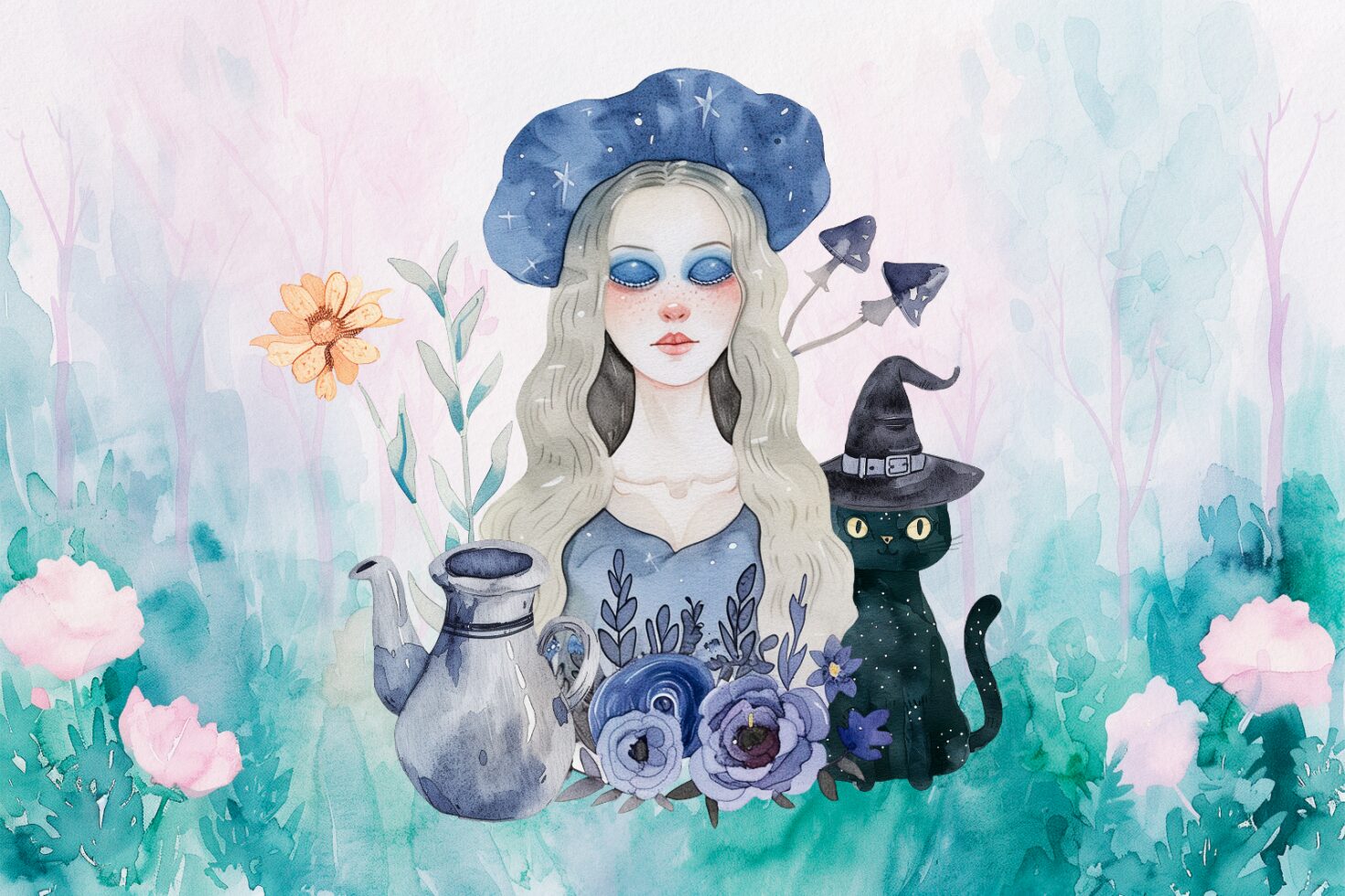 Watercolor illustration of a mystical woman with long hair and blue hat, surrounded by flowers, a black cat, and nature. Ideal for design templates and graphics.