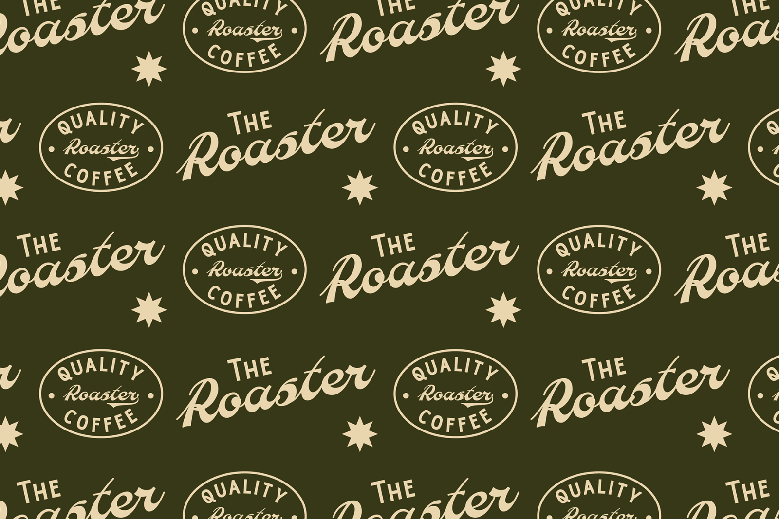 Seamless coffee-themed design pattern with vintage text reading The Roaster and Quality Roaster Coffee suitable for branding mockups and design templates.