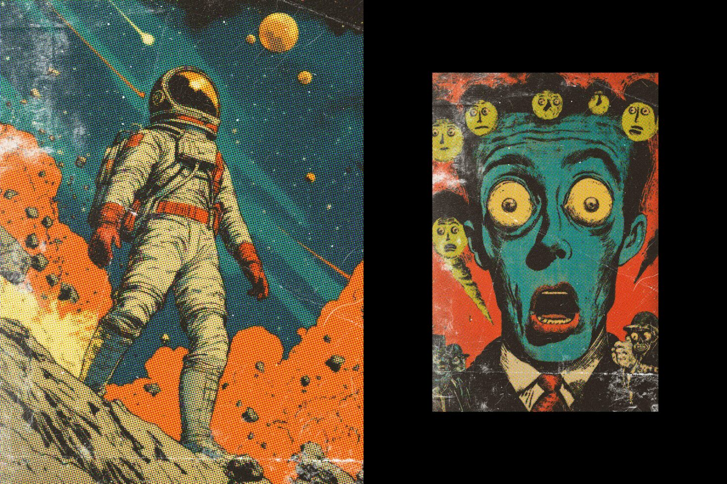 Retro pop art style collage featuring an astronaut in space and a surreal blue-faced character. Ideal for graphics design, vintage print inspiration.