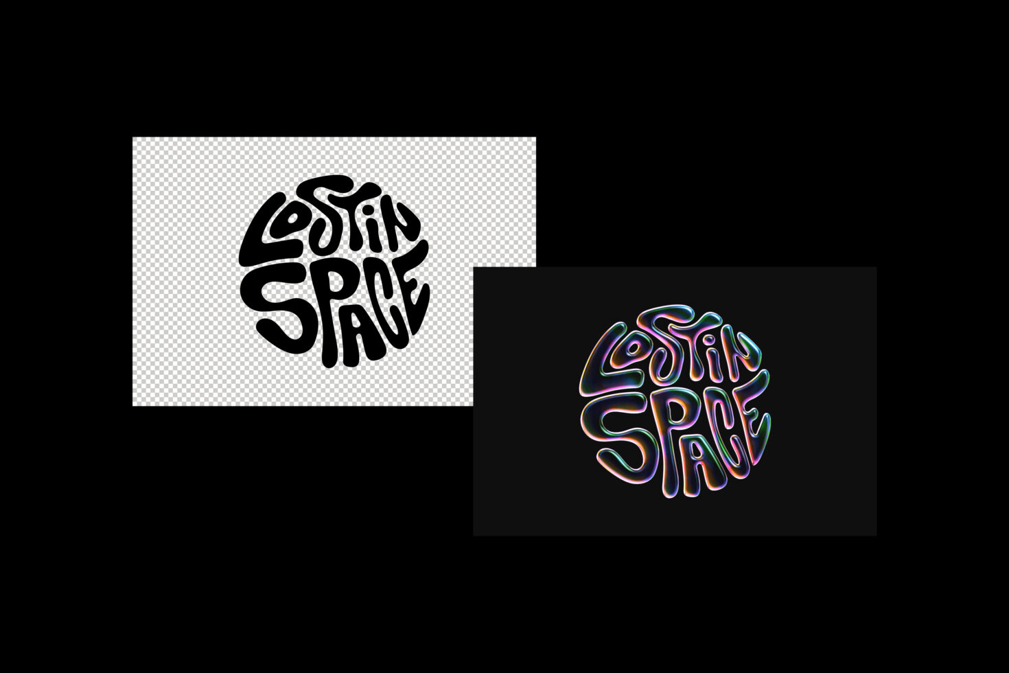 Psychedelic logo design reading Lost in Space with vibrant colors and a black and white version. Suitable for creative graphic projects and templates.