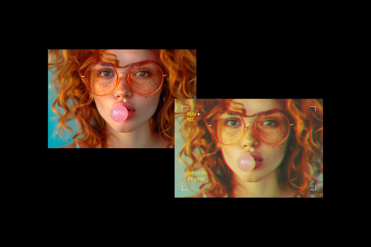 Portrait of a woman with curly hair blowing bubblegum in retro VHS style overlay ideal for graphic design mockups or creative templates for designers.