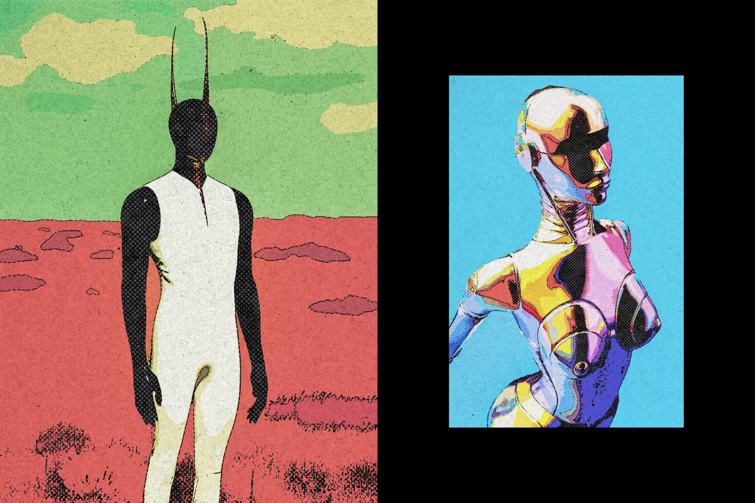 Surreal illustration of abstract humanoid figures with vibrant retro colors and halftone texture, perfect for graphics or illustration design projects.