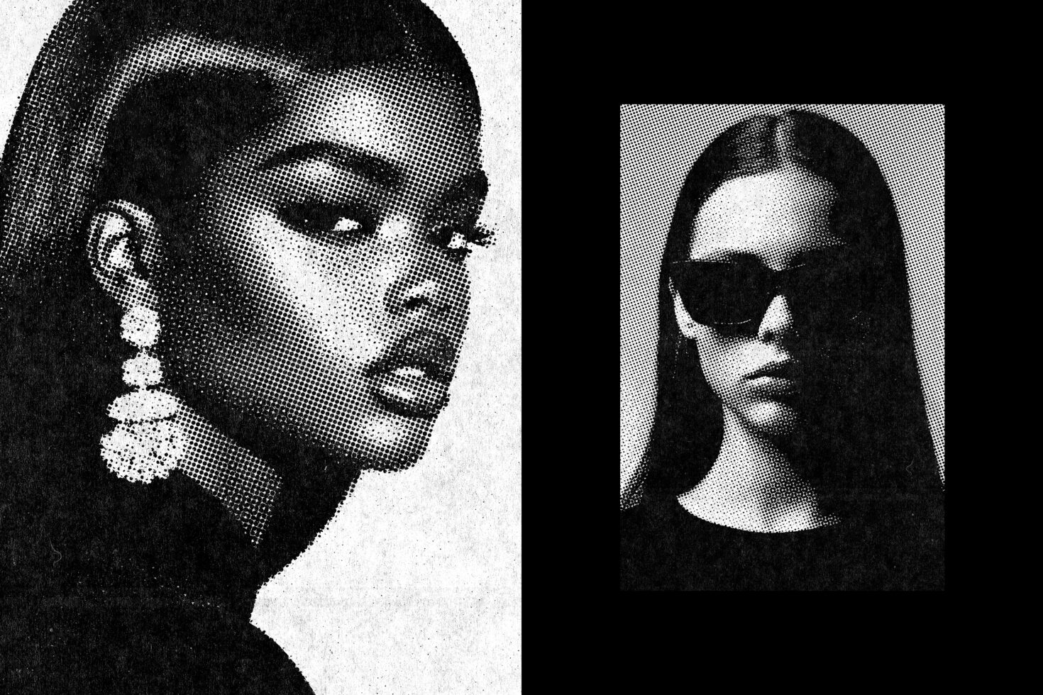 Halftone portraits of two women, one with bold earrings, the other wearing sunglasses. Ideal for graphic design projects, templates, and artistic mockups.