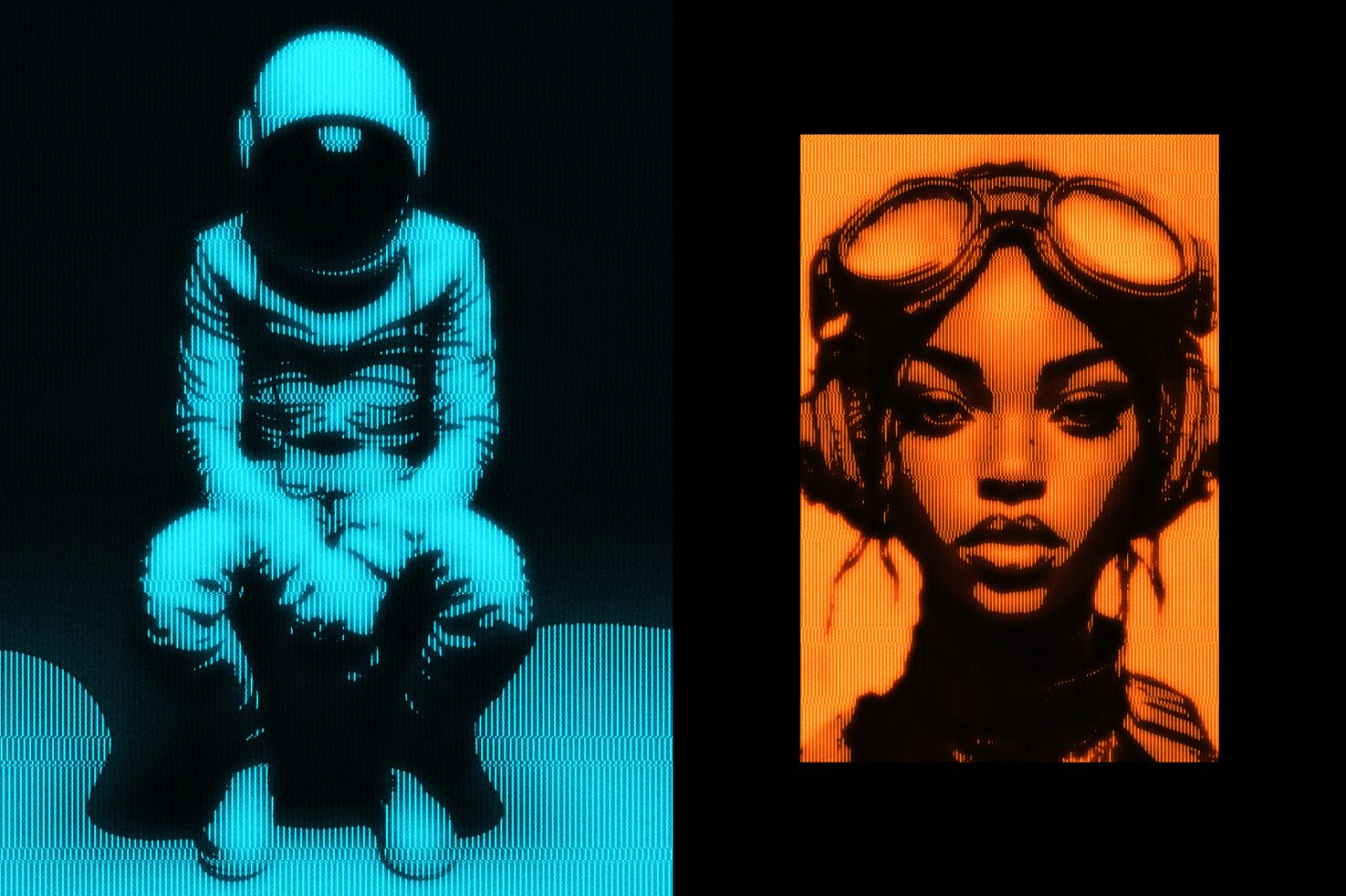 Neon astronaut and digital art portrait. Virtual graphics design asset for designers seeking futuristic mockups and creative templates. Vibrant visuals.