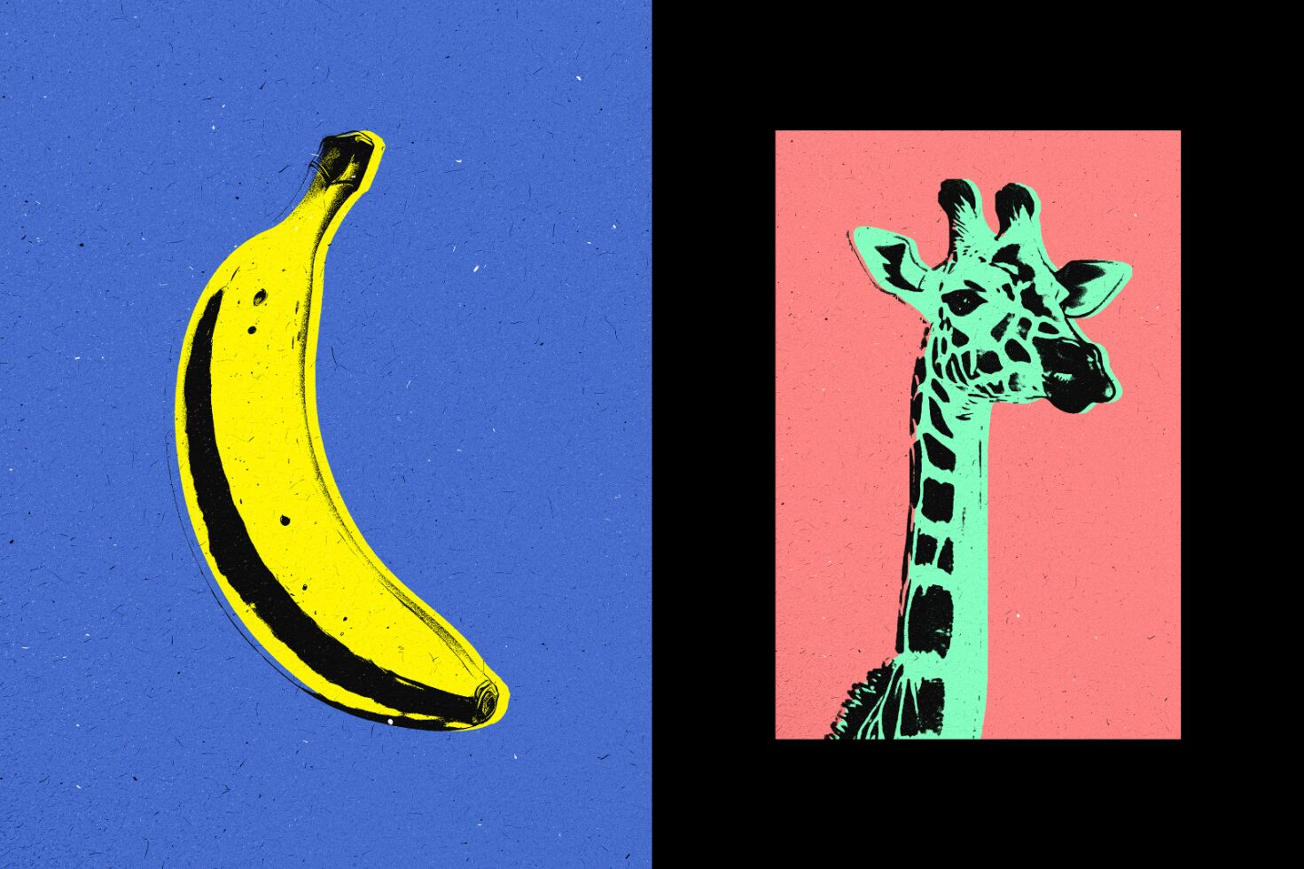 Pop art banana and giraffe illustration on blue and pink backgrounds digital graphic design asset for templates and creative projects for designers.