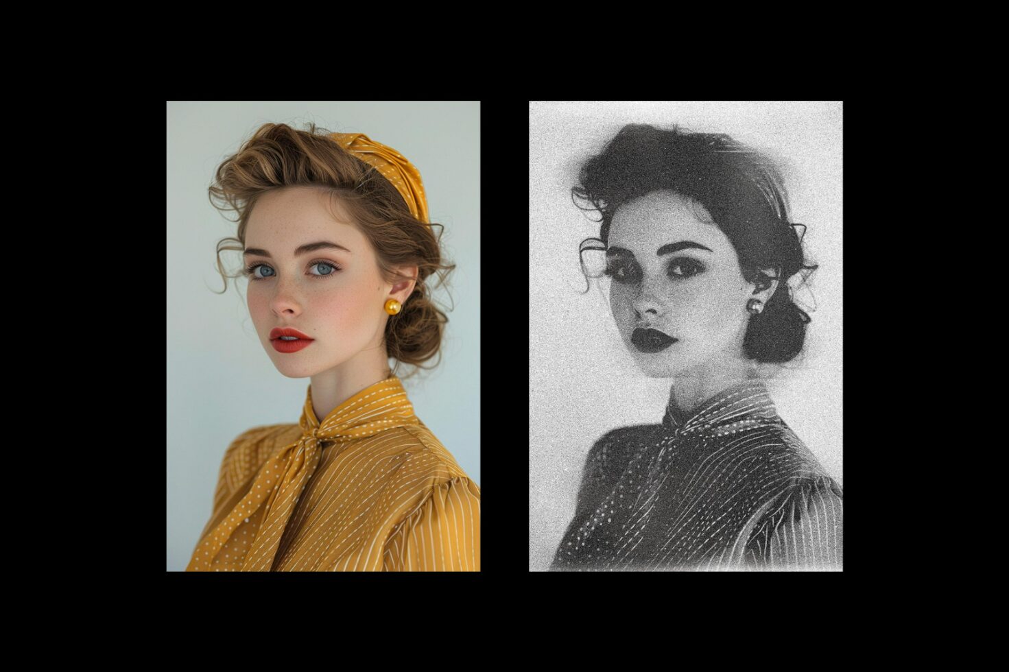 Vintage style portrait of a woman with a yellow outfit; includes both color and black-and-white versions. Ideal for graphic design and retro-themed projects.