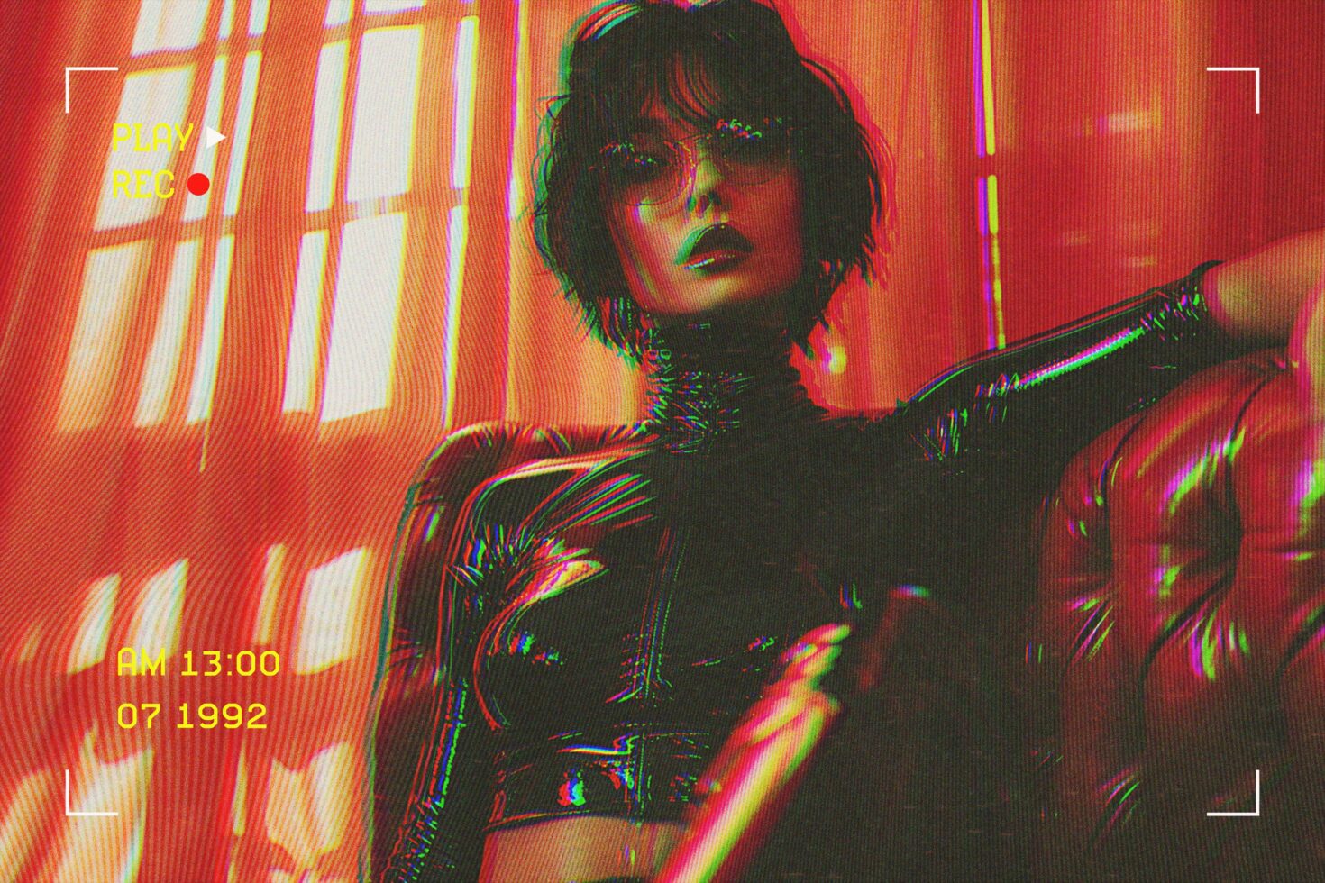 Retro VHS mockup image features a woman with a short hairstyle wearing shiny vinyl clothing. Red curtain backdrop adds vintage video effect. Perfect for designers.