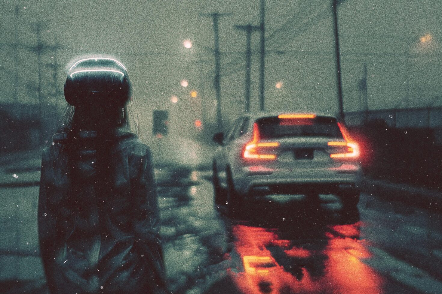 Moody urban night scene with cyberpunk flair helmeted figure on wet street glowing car lights reflections atmospheric cityscape ideal for graphic design assets