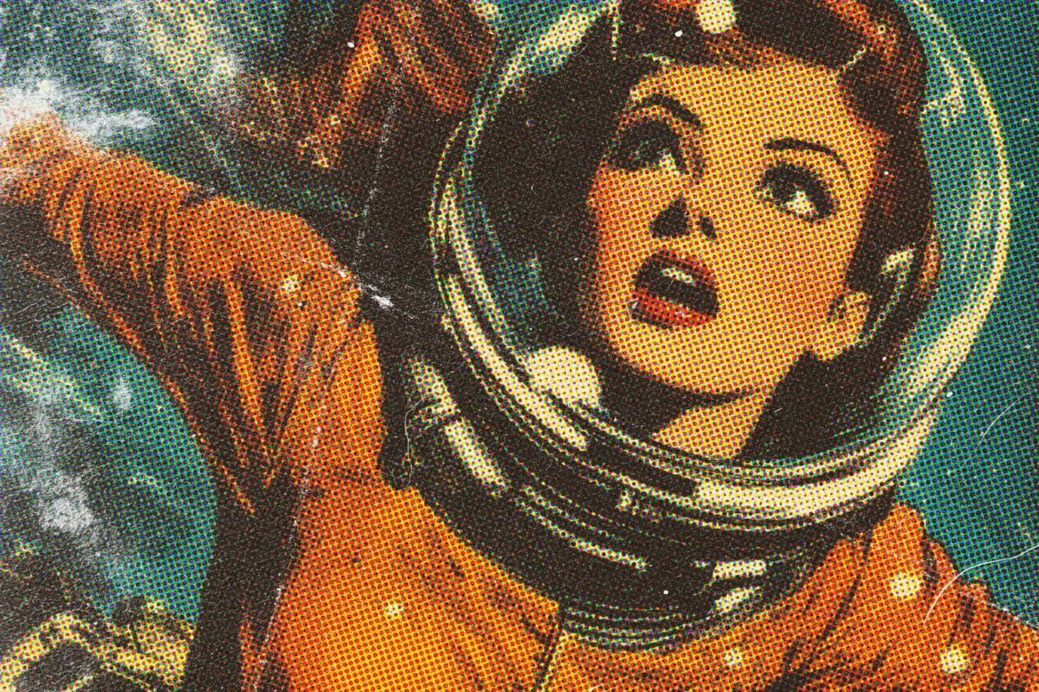 Retro comic style image of a woman in an astronaut suit. Pop art halftone effect. Ideal for graphic designers seeking vintage sci-fi posters and designs.