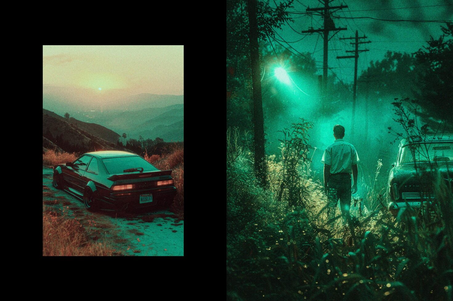 Retro car and moody forest scene with a man under streetlight; perfect for digital asset design in graphics or templates. Vintage, atmospheric, creative.