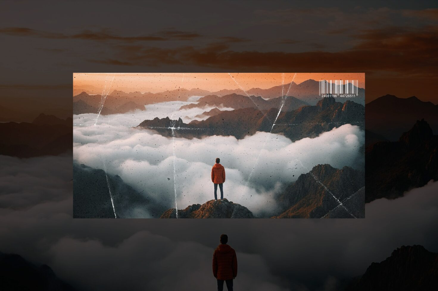 Person in red jacket stands on mountain peak above clouds. Vintage effect suitable for designers. Ideal for graphics; landscape digital asset.