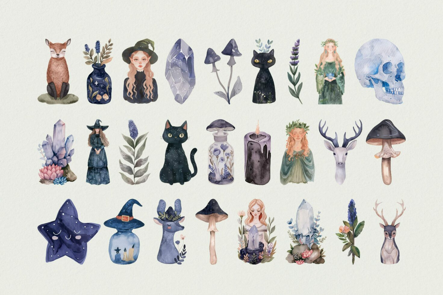 Whimsical watercolor graphics collection featuring woodland animals, witches, crystals, and plants. Perfect for design elements, illustrations, and more.