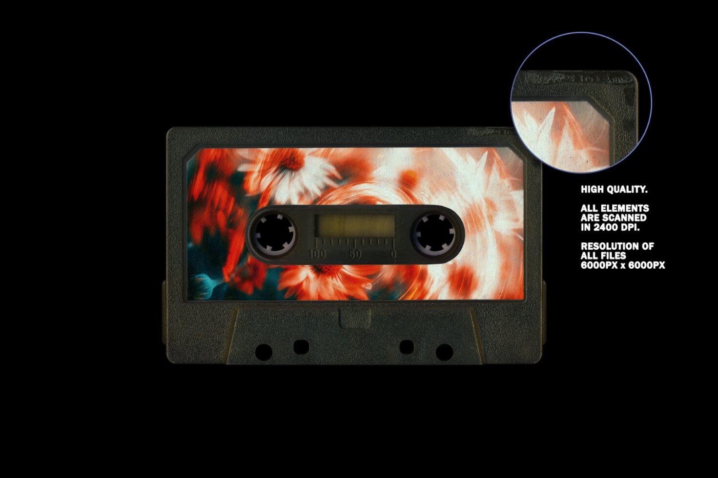 Digital mockup of a retro cassette tape with vibrant floral design. Perfect for designers. High resolution 6000x6000px 2400 DPI. Ideal for graphic projects.