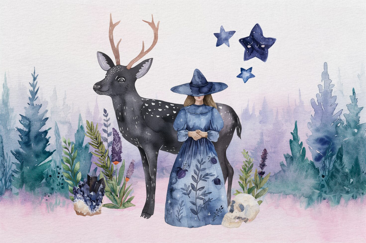 Watercolor illustration featuring a witch in a blue dress with a deer in a mystical forest. Magical design elements. Ideal for graphics and templates.