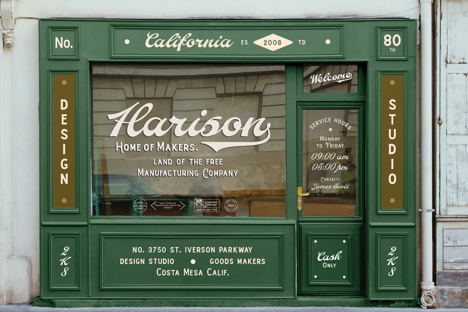 Green storefront design studio with vintage typography and signage showcasing traditional branding style ideal for graphic designers and branding mockups.