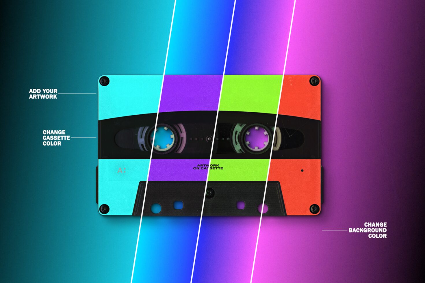 Colorful cassette mockup template for designers. Personalize artwork, change cassette and background colors. Ideal for digital assets and graphics projects.