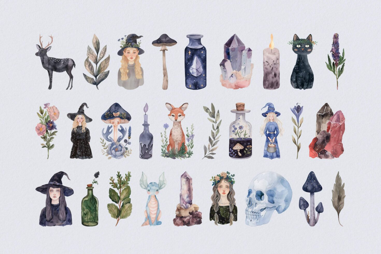 Watercolor mystical clipart with witches, potions, crystals, animals, and plants. Ideal for graphic design, illustration, and digital art resources.