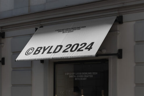 Storefront awning mockup with bold BYLD 2024 text perfect for branding templates marketing visuals and digital design assets for professional designers.