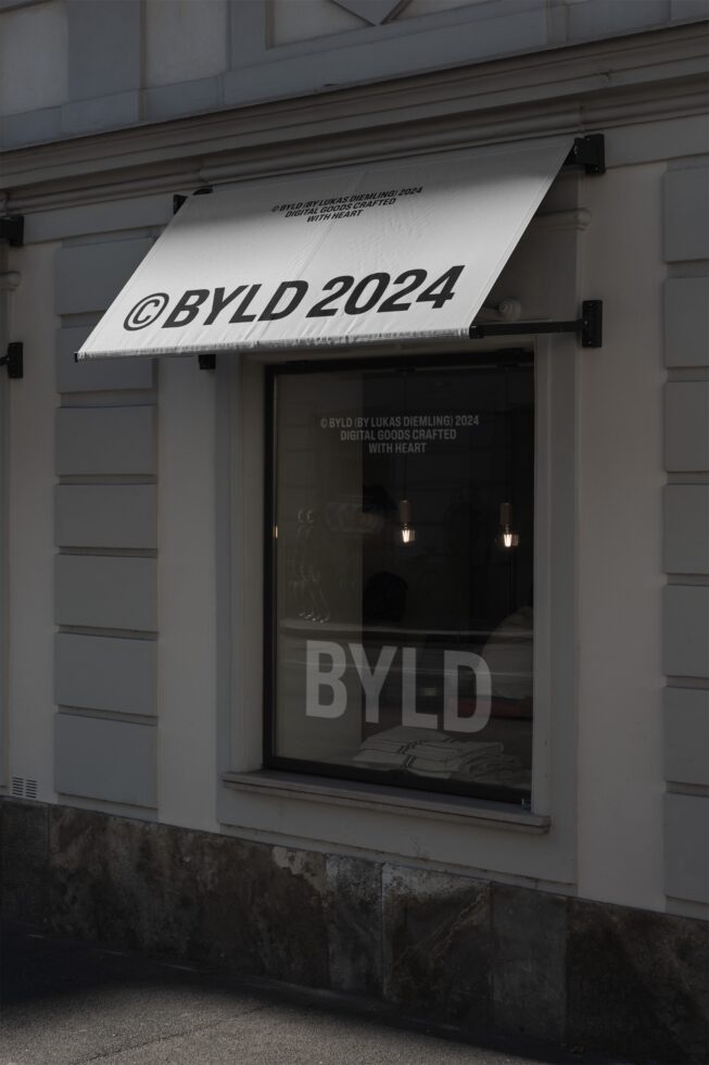 Urban shopfront with BYLD 2024 branding on awning reflecting modern graphic design aesthetics suitable for designers looking for mockups and templates.