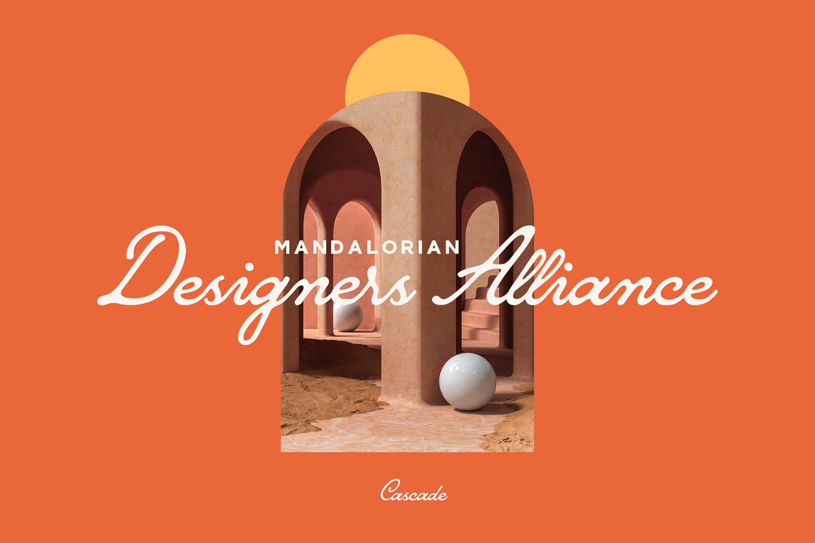 Modern typography mockup showcasing Mandalorian Designers Alliance text on an orange backdrop with architectural elements. Perfect for designers.