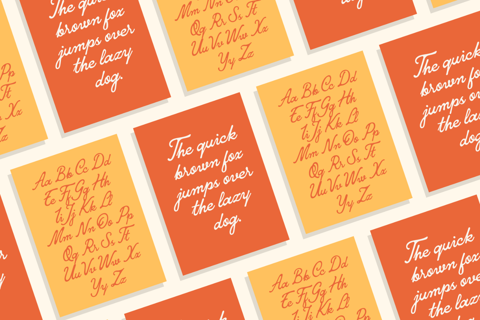 Handwritten cursive font with alphabet and pangram on orange and yellow backgrounds. Ideal for typography designs and creative projects. Font design resource.