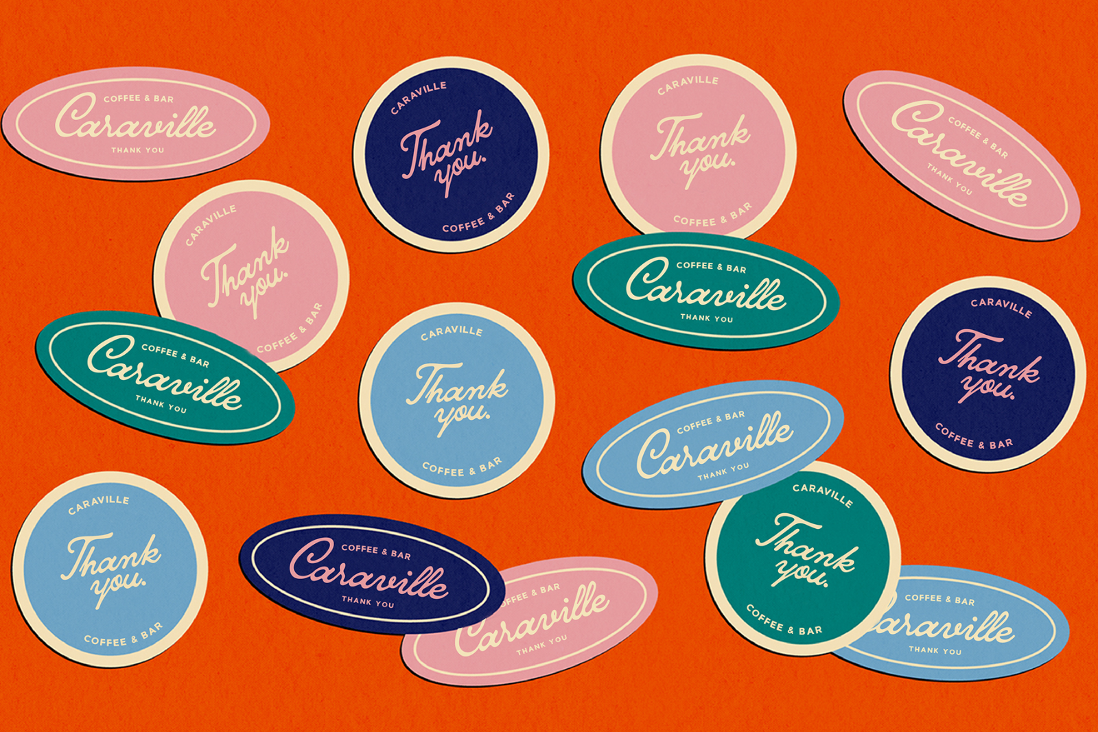 Colorful thank you stickers with retro font on an orange background suitable for branding and packaging design mockups featuring coffee bar themes.