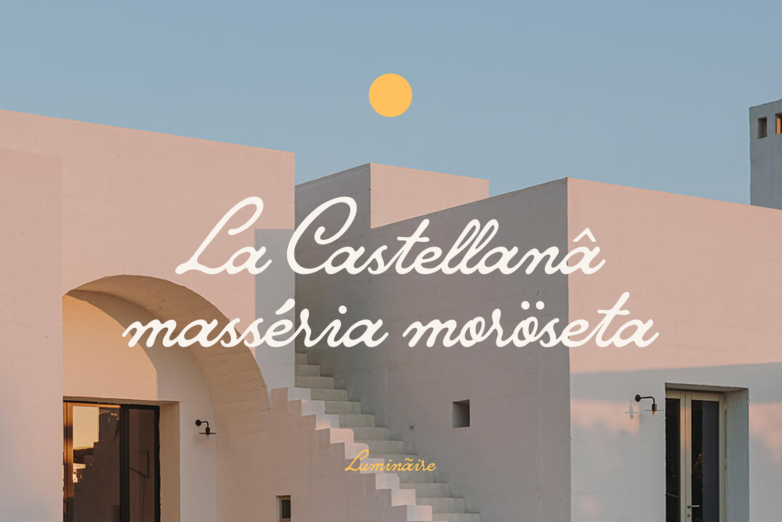 Modern villa exterior design with stylish serif font overlay La Castellana masseria moroseta perfect for design mockups templates and graphic projects.