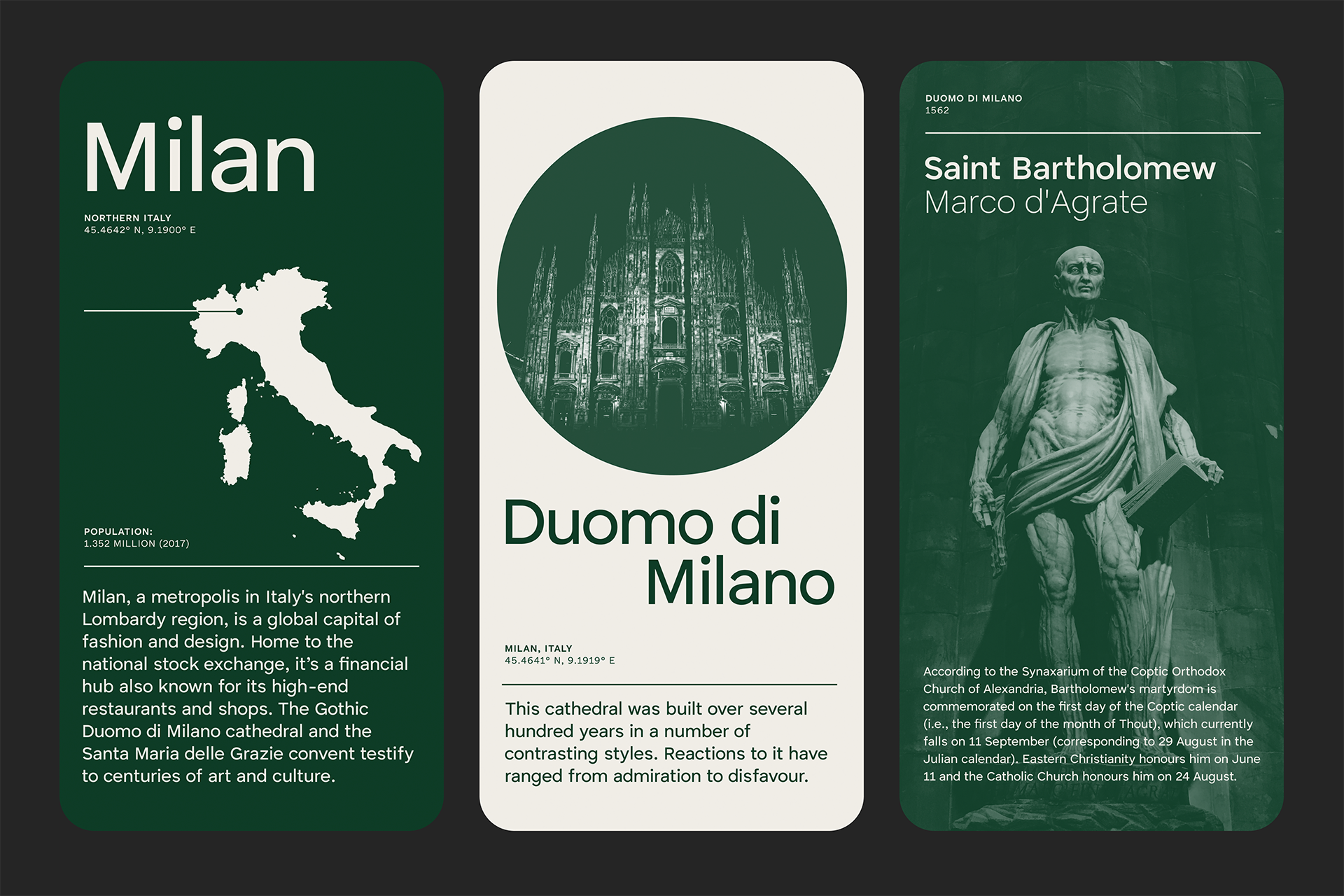 Three minimalist travel-themed designs showcasing Milan with map, Duomo di Milano, and Saint Bartholomew statue. Ideal for templates or graphics.