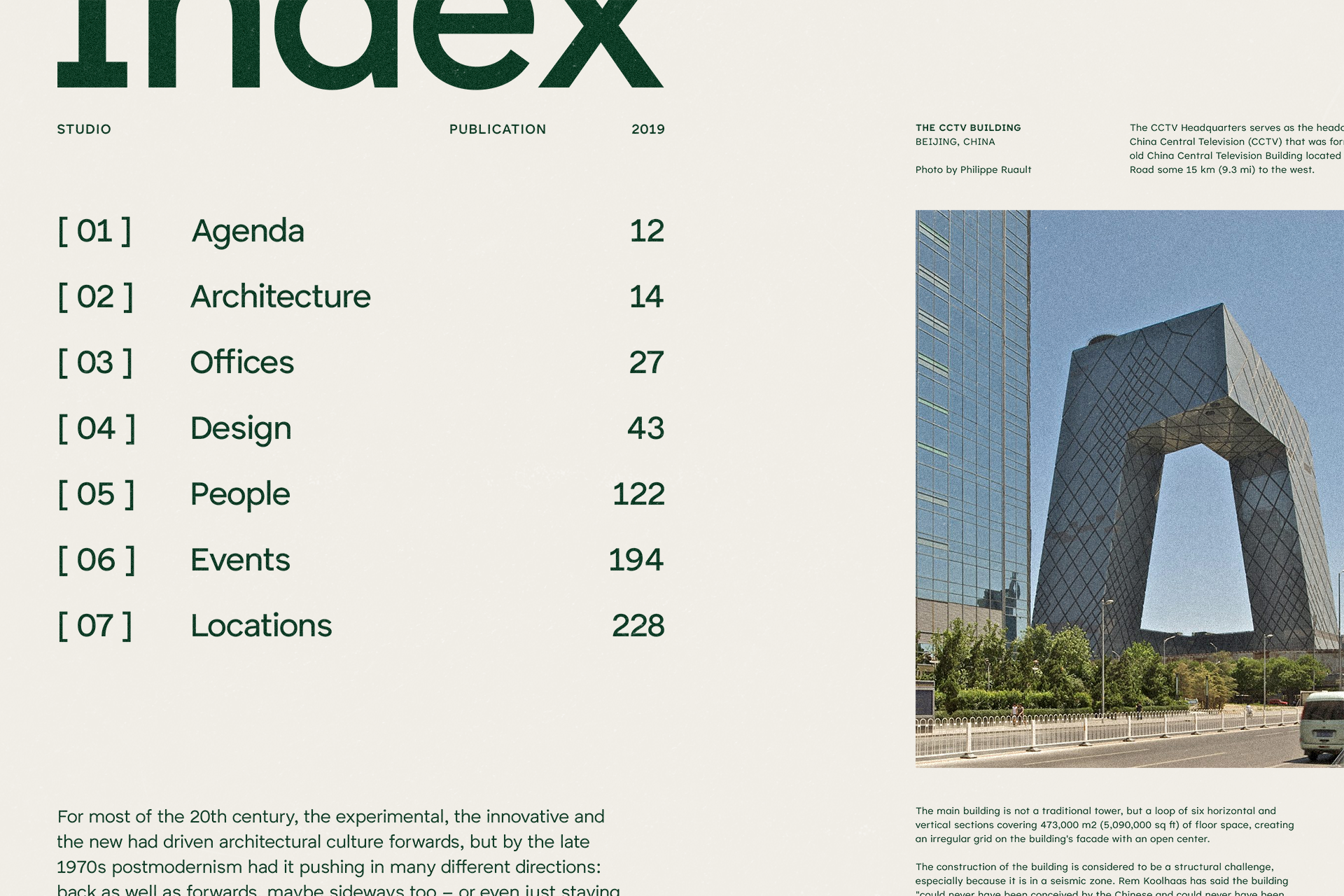 Modern publication layout showcasing index design with clean typography green highlights architectural photography Beijing China suitable for graphic designers