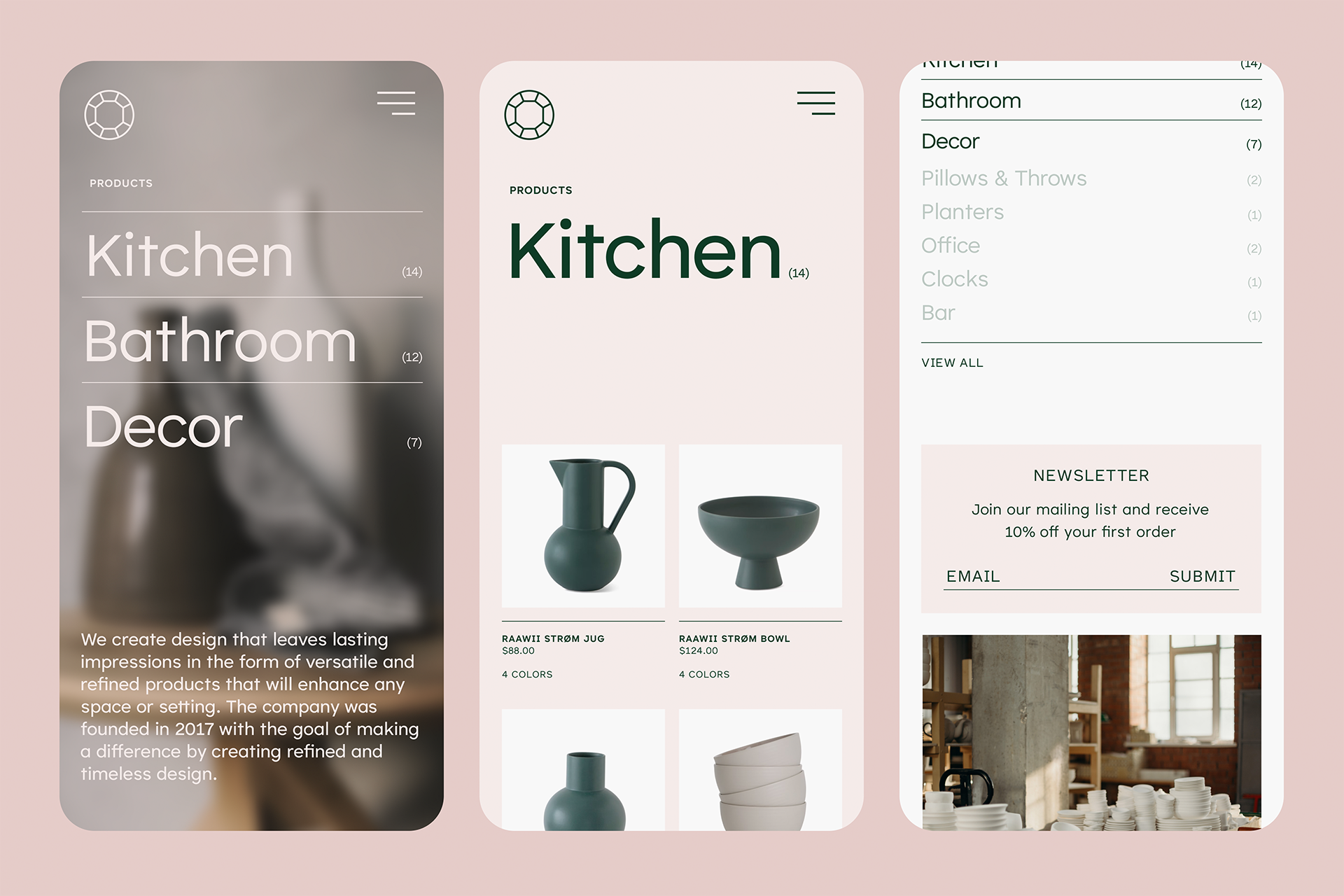 Mobile UI mockup showcasing a minimalist e-commerce template with Kitchen Bathroom Decor categories. Ideal for designers seeking clean interface design.