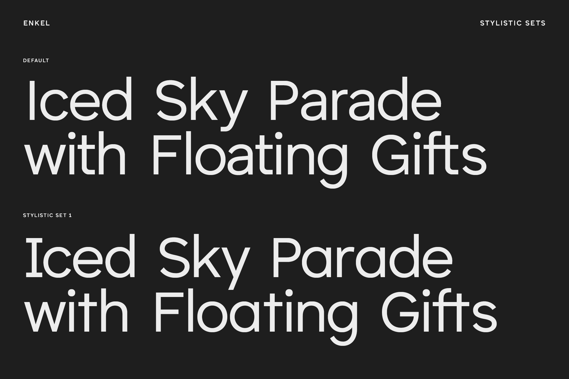 Font comparison showcasing two styles of the Enkel typeface. Text reads Iced Sky Parade with Floating Gifts, ideal for designers.