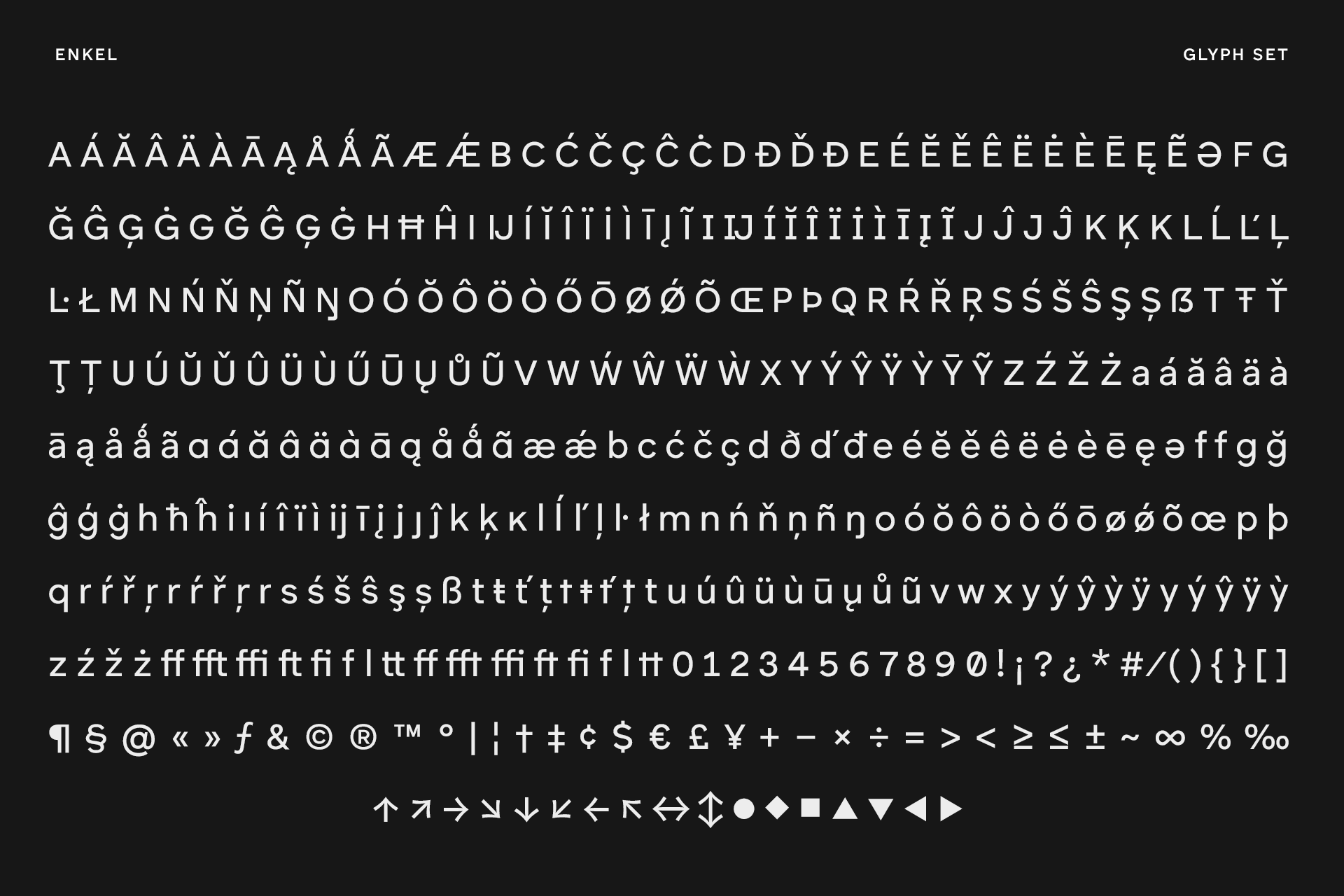 Enkel font glyph set showcasing uppercase lowercase letters numerals symbols and punctuation. Ideal for designers seeking diverse typography assets.