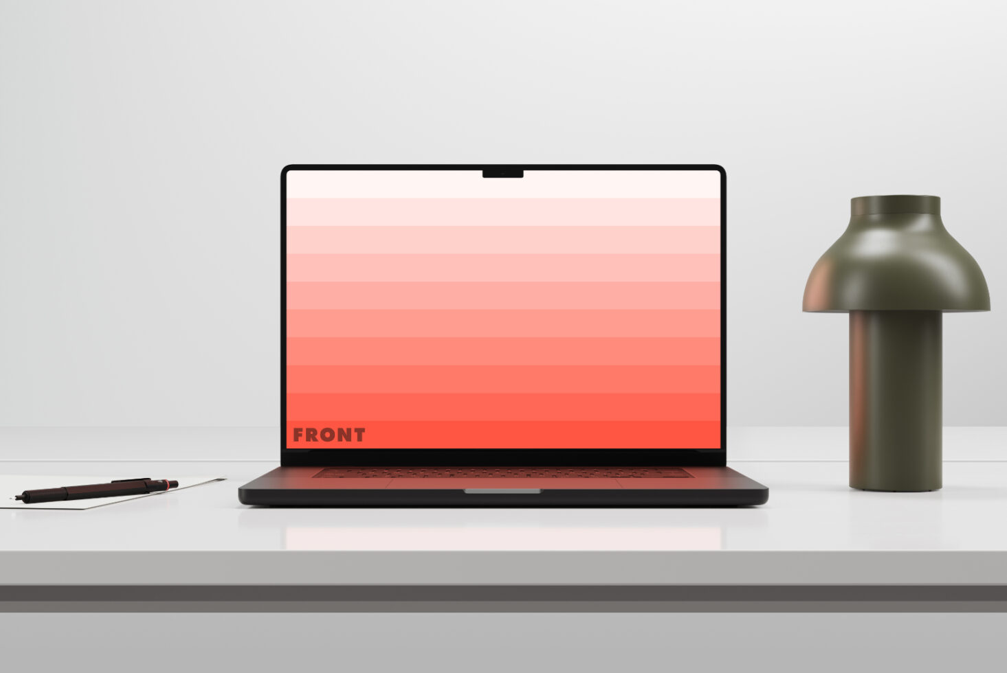 Minimal laptop mockup with gradient screen on a white desk featuring a pen and stylish lamp. Ideal for designers showcasing digital assets templates.