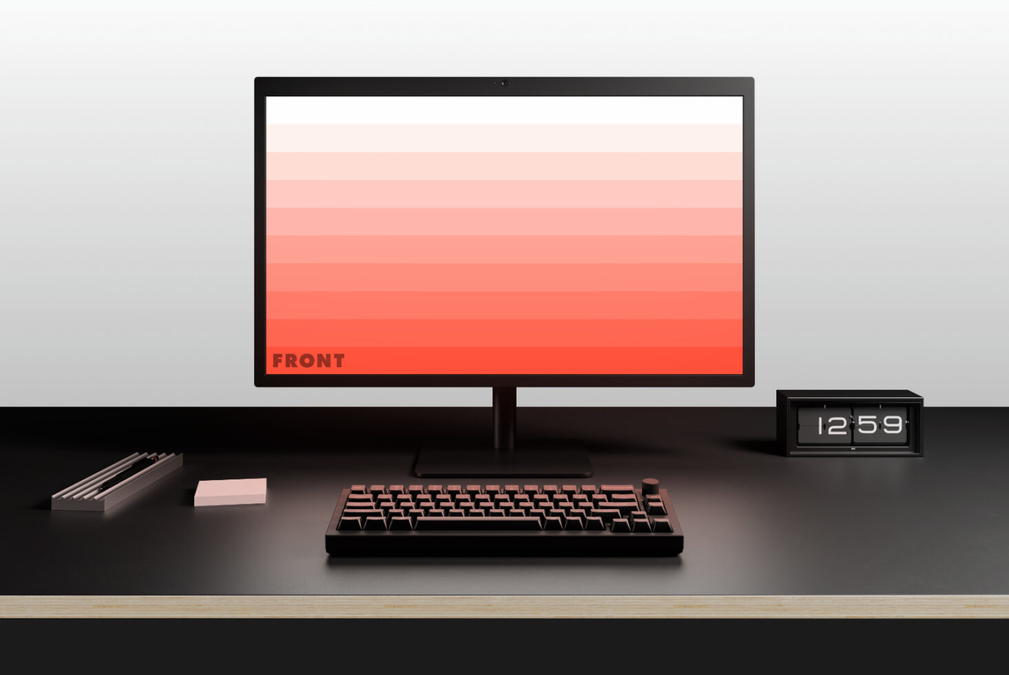 Minimalist desktop mockup featuring a monitor with gradient design, black keyboard, modern clock, pens, and sticky notes. Ideal for graphic design projects.