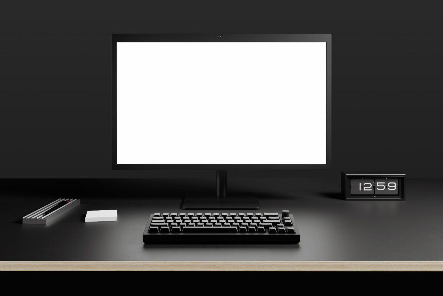 Modern desktop setup mockup featuring a blank monitor screen, sleek black keyboard, digital clock, notepad, and pens, ideal for designers and creatives.