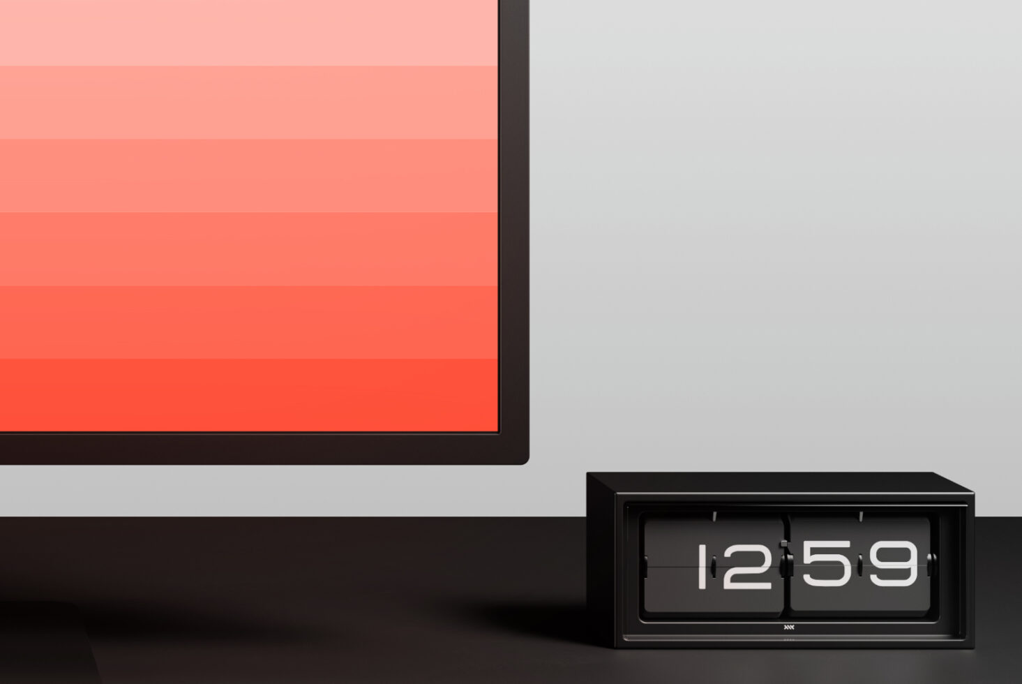 Mockup displaying a flip clock at 12:59 next to a large monitor with a gradient background. Perfect for showcasing digital designs and UI concepts.