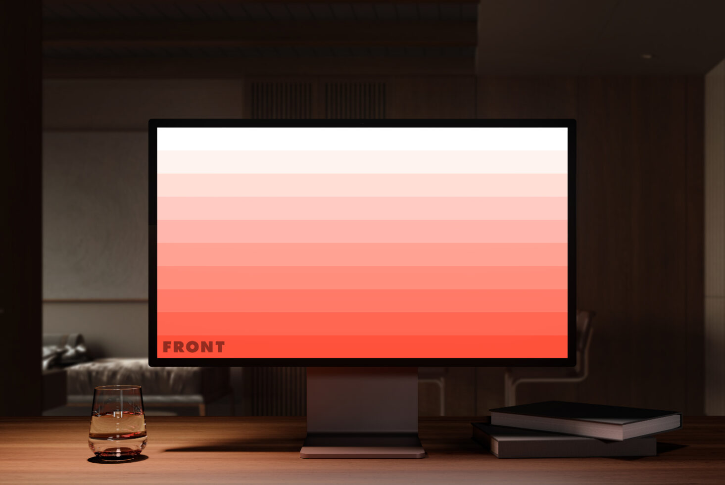 Desktop monitor mockup in modern interior with gradient display suitable for design presentations. Ideal for showcasing digital assets and templates.