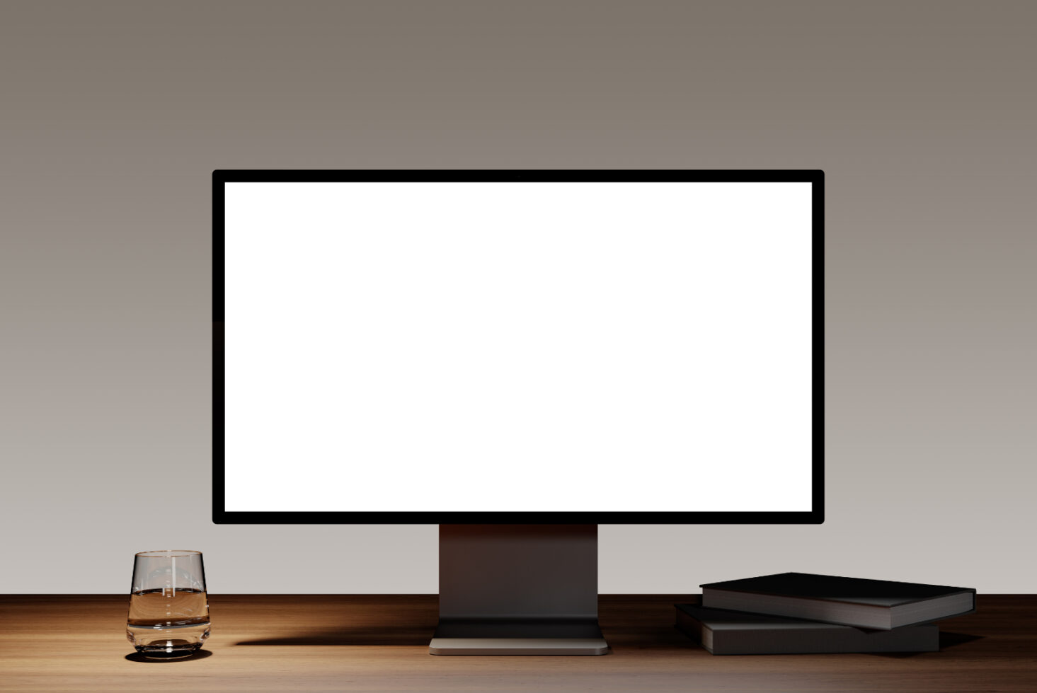 Modern desktop computer mockup on a wooden desk with books and a glass of water. Perfect for designers showcasing digital assets or template designs.