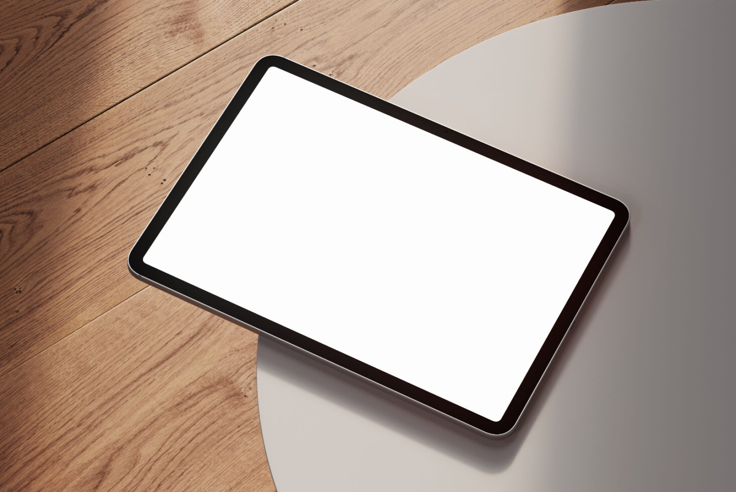 Tablet mockup on wooden surface with blank white screen perfect for showcasing digital designs templates graphics for designers and creatives SEO friendly