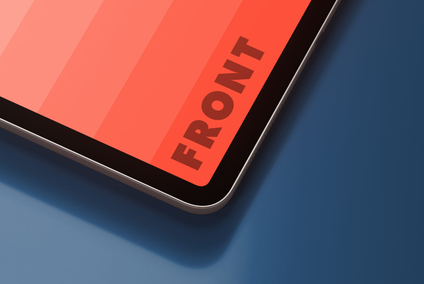 Tablet screen mockup with gradient red design and FRONT text for showcasing digital products or templates for designers. Ideal for creative presentations.