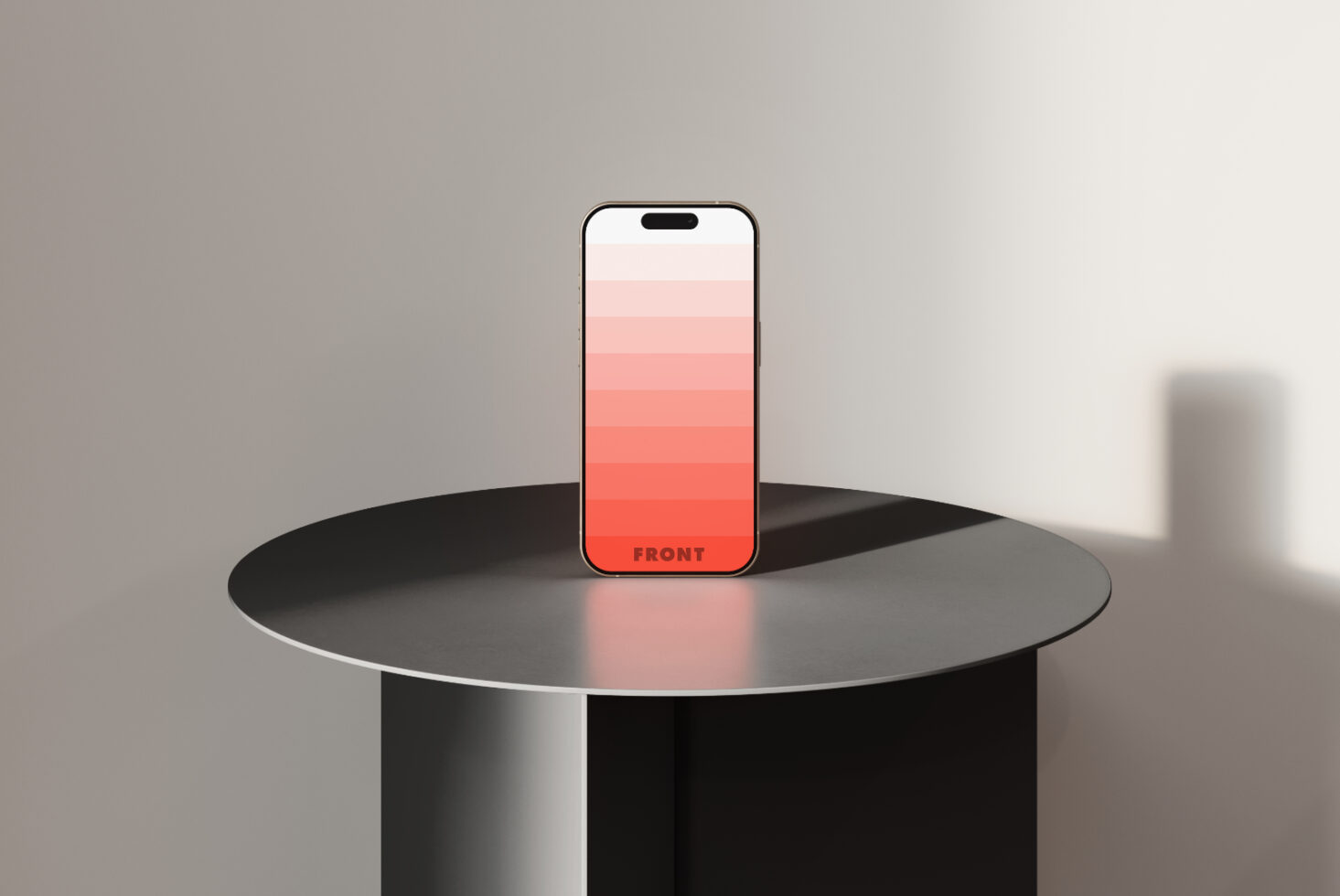 iPhone mockup on minimalist table with gradient pink display; ideal for showcasing app designs and UI templates for modern digital designers.