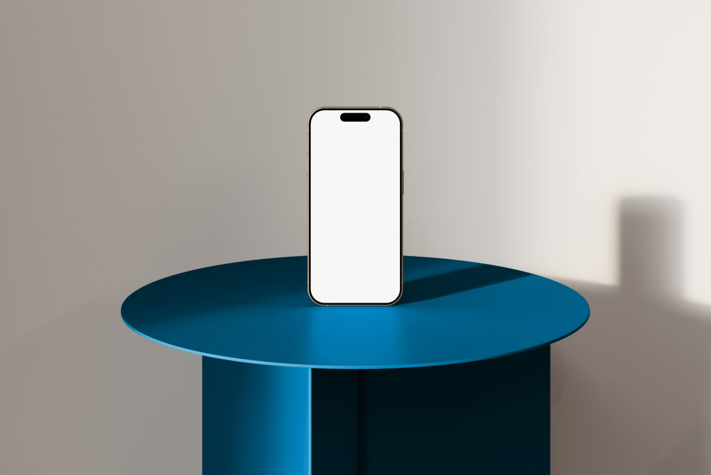 Smartphone mockup on a blue table against a neutral background ideal for showcasing mobile app designs and website templates for graphic designers.