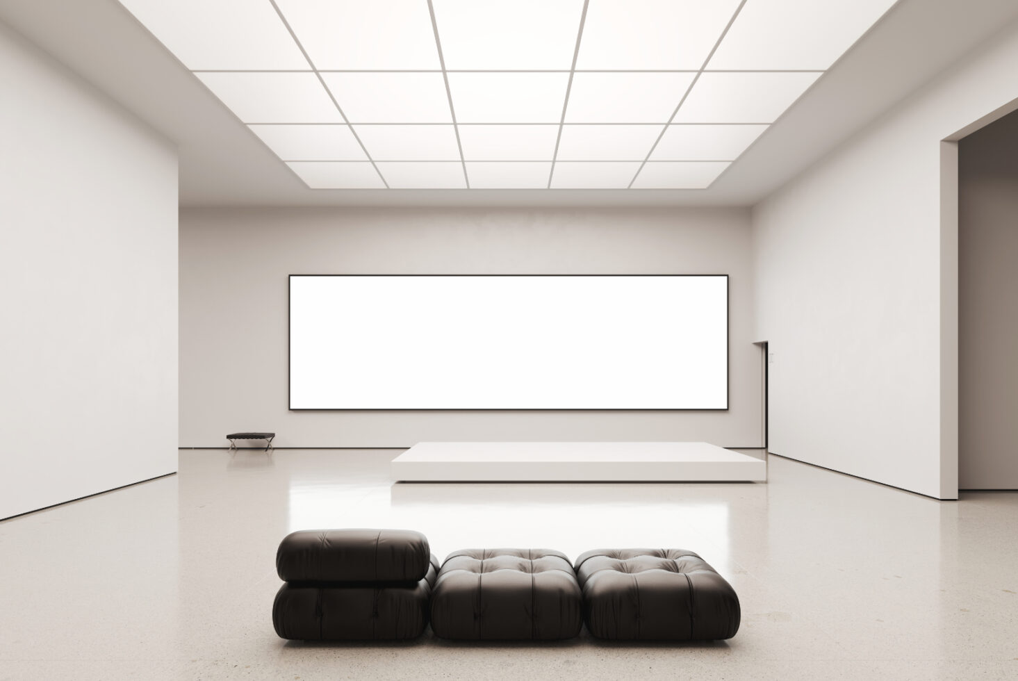 Minimalist gallery mockup with white walls black cushions and large blank frame ideal for art displays interior design and creative presentation templates.