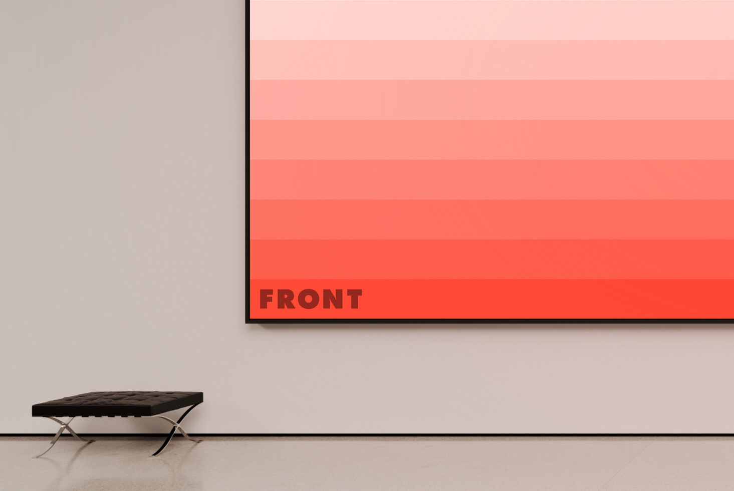 Wall art mockup with gradient design in orange tones hung in a modern interior with a bench. Ideal for showcasing posters or artwork to designers.