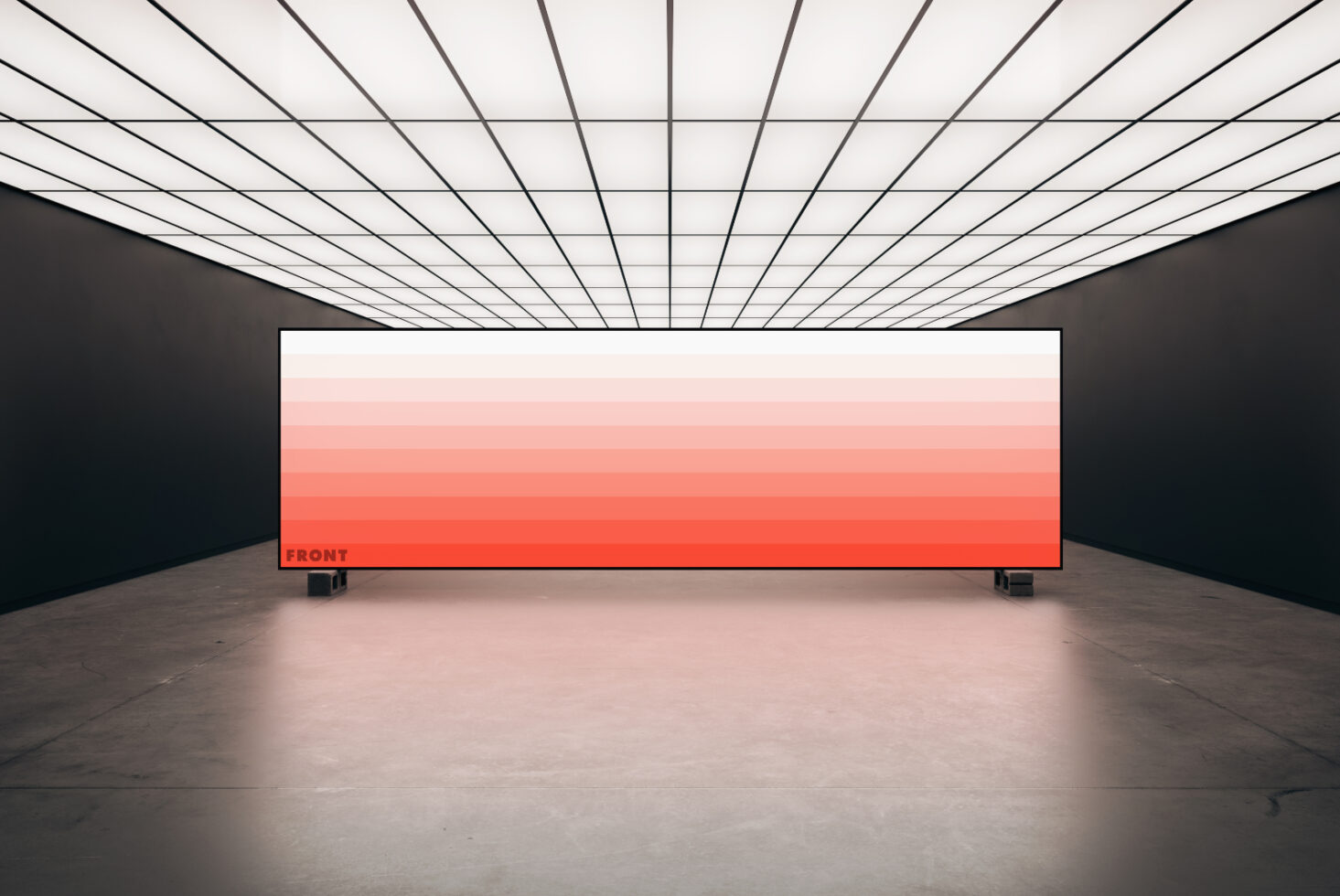 Large horizontal orange gradient canvas in a modern gallery setting with grid ceiling design suitable for designers' mockups and template projects.