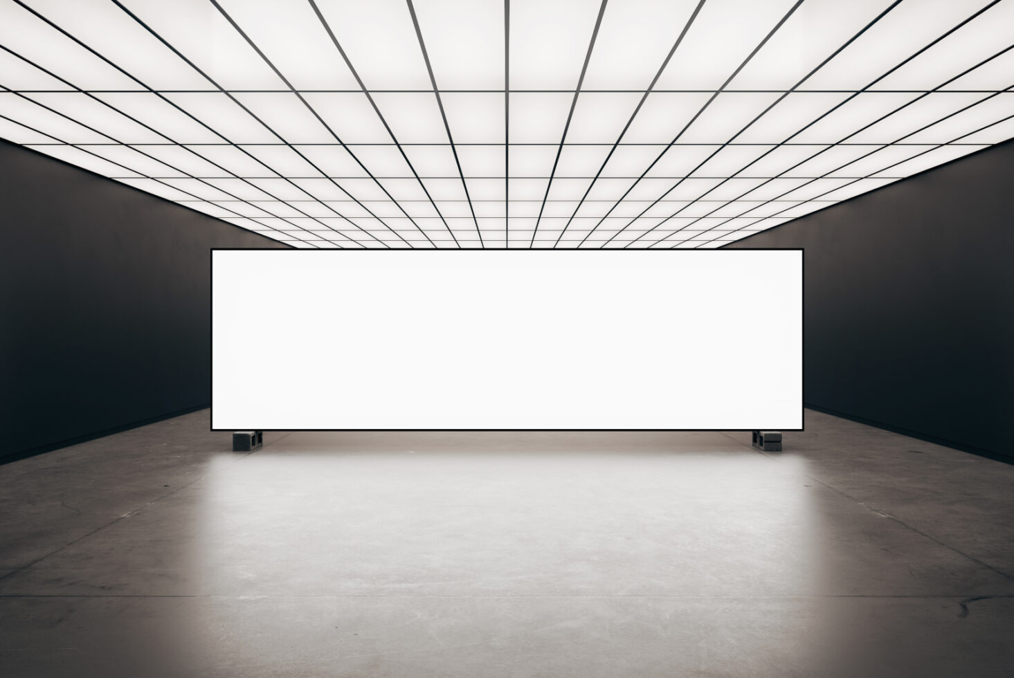 Minimalist room featuring a large blank screen, ideal for mockups or digital display presentations. Designers can use this space for showcasing graphics.