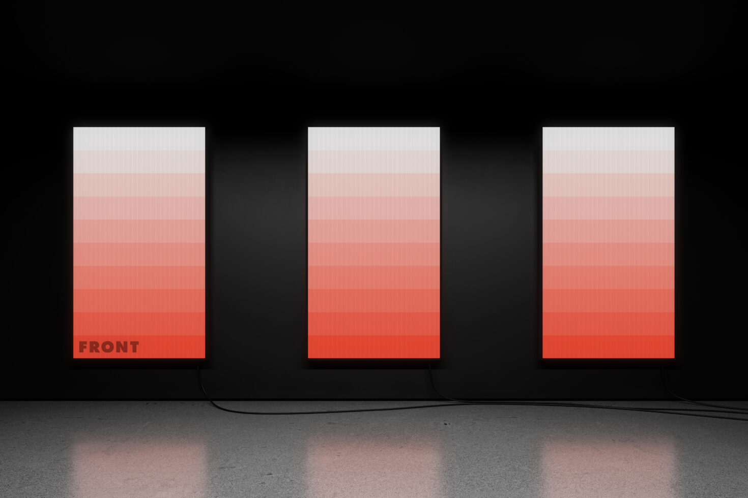 Three vertical gradient displays with a red color scale in a dark room. Ideal for graphic and template design mockups for designers on digital marketplaces.