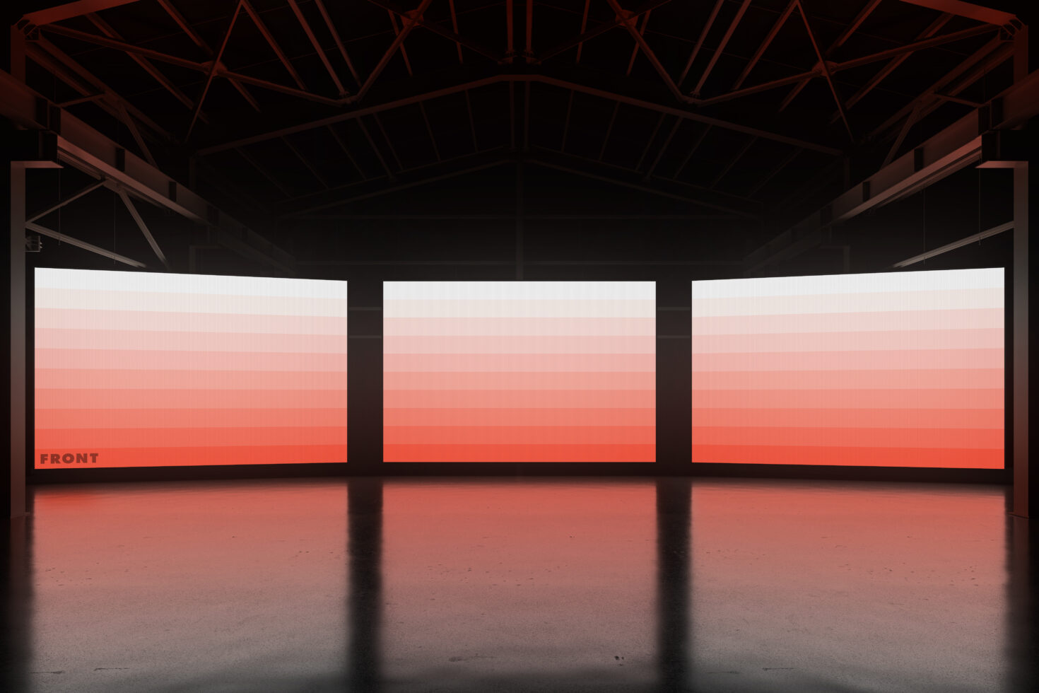 Minimalistic gradient wall mockup in a dark warehouse setting suitable for graphic designers and digital artists looking for modern exhibition templates.