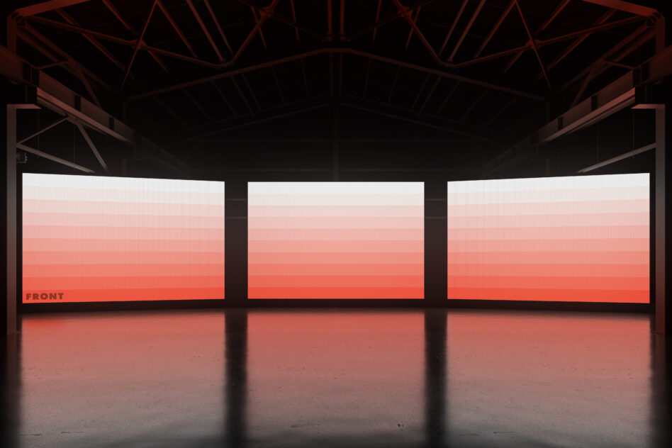 Minimalistic gradient wall mockup in a dark warehouse setting suitable for graphic designers and digital artists looking for modern exhibition templates.
