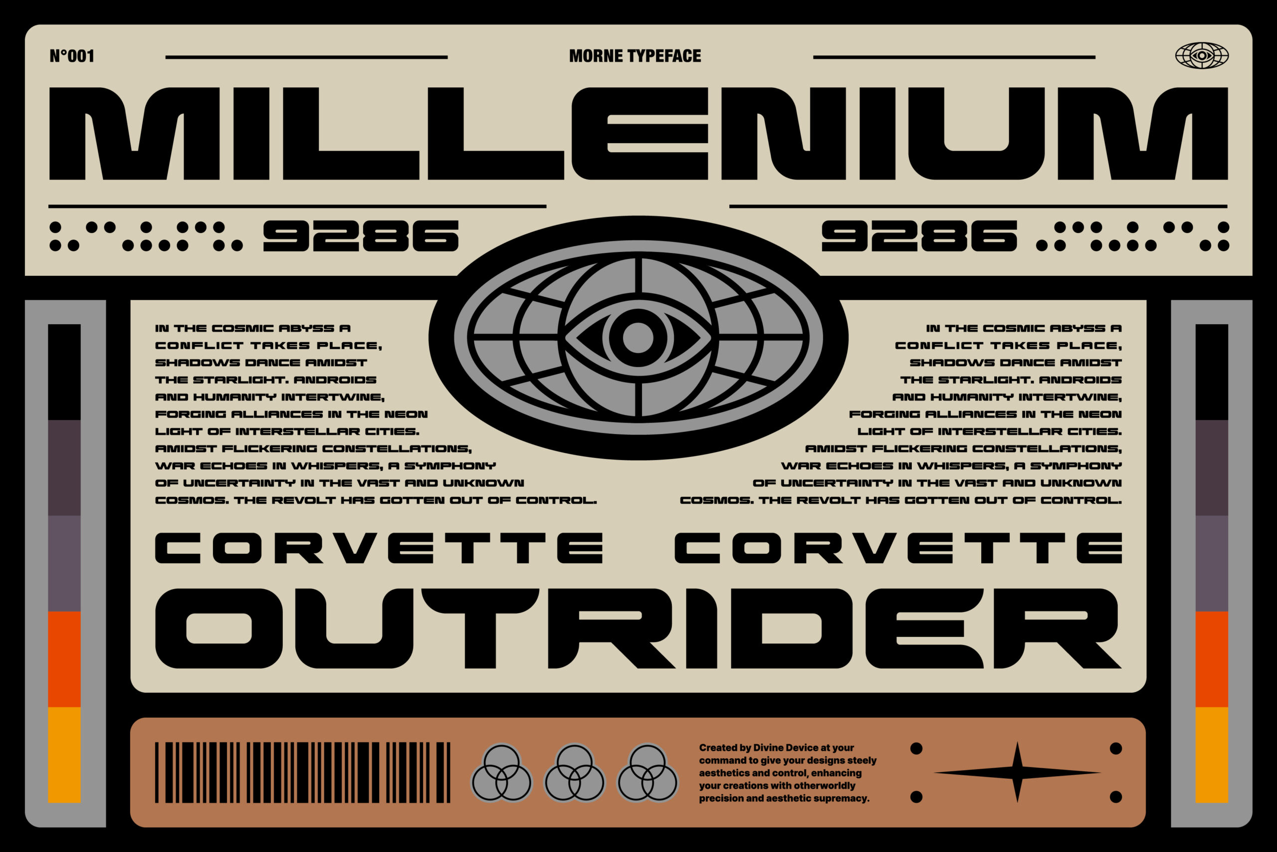 Futuristic font design named Millenium featuring bold typography and geometric elements suitable for sci-fi themed projects and graphic design assets.